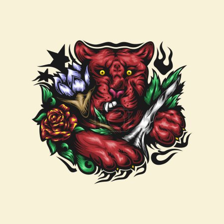Illustration tiger with keris and flower design
