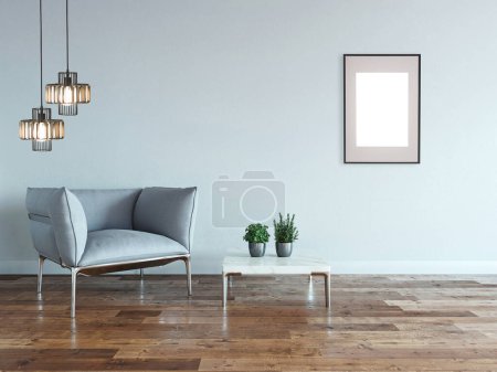 Téléchargez les photos : Chambre vide et fauteuil gris design intérieur. Illustration 3D - en image libre de droit