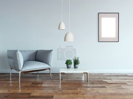 Téléchargez les photos : Design intérieur vide avec plancher en bois et mur décoratif en pierre. Illustration 3D - en image libre de droit