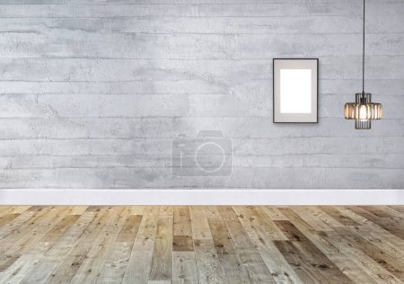Foto de Diseño interior vacío con diseño personalizado suelo de madera y pared de piedra. Ilustración 3D - Imagen libre de derechos