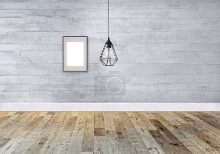 Téléchargez les photos : Design intérieur vide avec un design personnalisé plancher en bois et mur en pierre. Illustration 3D - en image libre de droit
