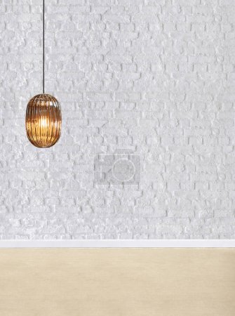 Téléchargez les photos : Mur de pierre décoration intérieure vide moderne lampe et plancher en bois concept, décoratif et fond pour la maison, bureau, hôtel - en image libre de droit