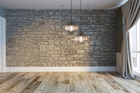 Téléchargez les photos : Maison de design d'intérieur vide pour l'hôtel et le lieu de travail avec un design personnalisé plancher en bois et mur en pierre. - en image libre de droit