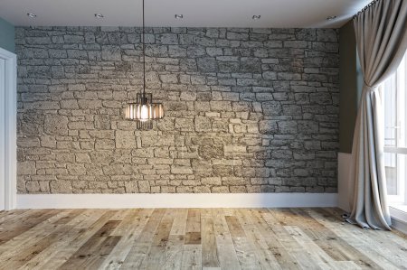 Photo for Empty interior design house for hotel and workplace with custom design wooden floor and stone wall.3D illustration - Royalty Free Image