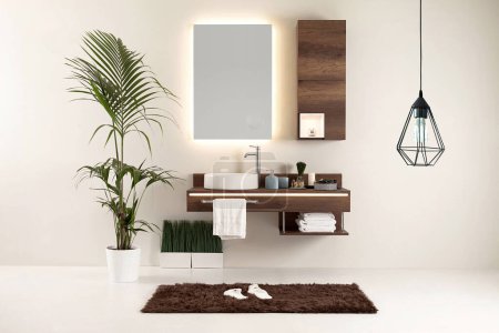 Foto de Pared limpia estilo de baño y diseño decorativo interior, lámpara moderna - Imagen libre de derechos