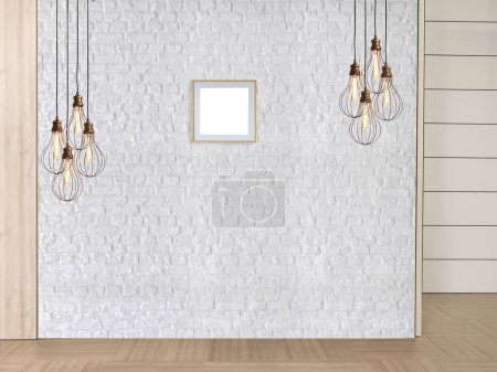 Foto de Pared de piedra, diseño interior para el hogar, oficina, hotel y dormitorio, lámpara moderna. Ilustración 3D - Imagen libre de derechos
