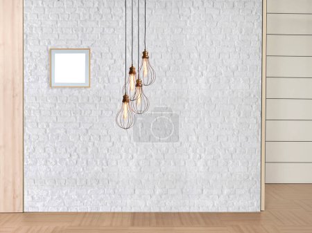 Téléchargez les photos : Mur en pierre, design intérieur pour la maison, bureau, hôtel et chambre, lampe moderne. Illustration 3D - en image libre de droit