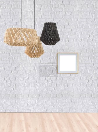 Foto de Pared de piedra sala de estar de diseño interior, lámpara de diseño decorativo moderno. Ilustración 3D - Imagen libre de derechos