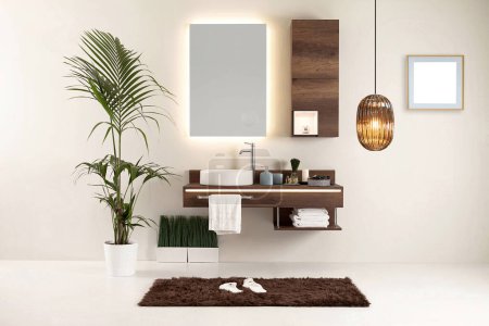 Téléchargez les photos : Salle de bains design en bois et design d'intérieur. objets décoratifs pour la maison, le bureau, l'hôtel - en image libre de droit