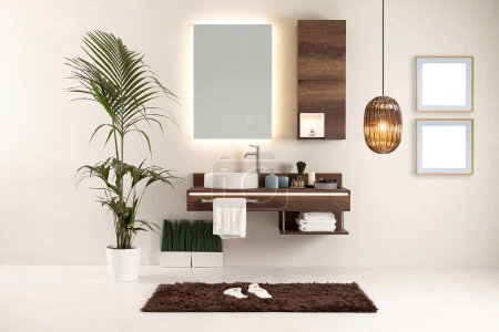 Téléchargez les photos : Salle de bains design en bois et design d'intérieur. objets décoratifs pour la maison, le bureau, l'hôtel - en image libre de droit