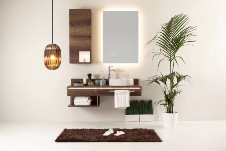 Foto de Baño de diseño de madera y diseño de interiores. objetos decorativos para el hogar, oficina, hotel - Imagen libre de derechos