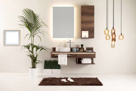 Foto de Baño de diseño de madera y diseño de interiores. objetos decorativos para el hogar, oficina, hotel - Imagen libre de derechos