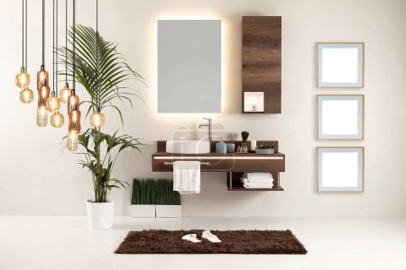 Photo for Clean bathroom style and interior decorative design, wooden cabinets - Royalty Free Image