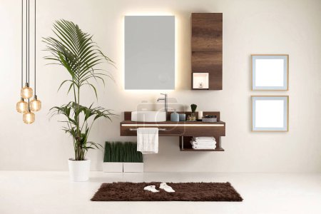 Photo for Clean bathroom style and interior decorative design, wooden cabinets - Royalty Free Image
