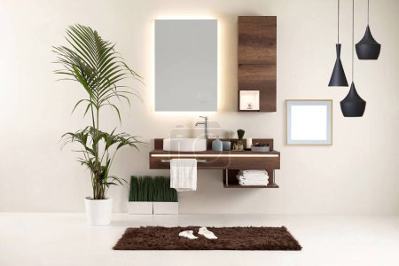 Téléchargez les photos : Style de salle de bain propre et design décoratif intérieur, armoires en bois - en image libre de droit