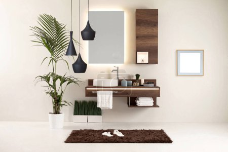 Téléchargez les photos : Style de salle de bain propre et design décoratif intérieur, armoires en bois - en image libre de droit