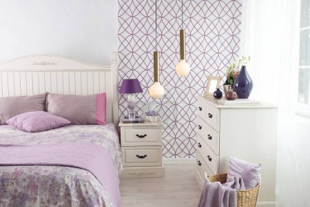 Photo for Modern purple bedroom interior design concept and modern lamp - Royalty Free Image