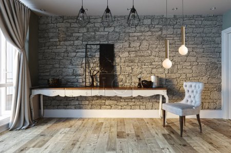 Foto de Habitación vacía decoración interior piso de madera, concepto de pared de piedra. fondo decorativo para el hogar, oficina y hotel. Ilustración 3D - Imagen libre de derechos