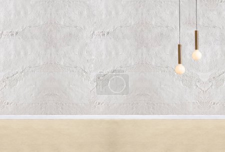Foto de Sala de estar vacía decoración interior moderna lámpara y suelo de madera, concepto de pared de piedra. fondo decorativo para el hogar, oficina, hotel. Ilustración 3D - Imagen libre de derechos