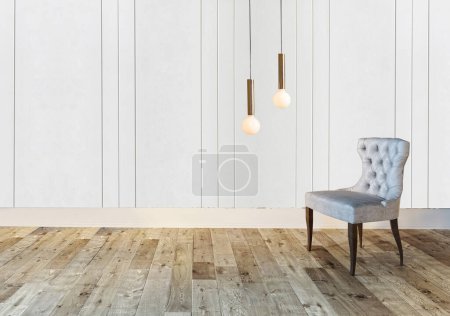 Téléchargez les photos : Salon vide décoration intérieure lampe moderne et plancher en bois, concept de mur en pierre. fond décoratif pour la maison, bureau, hôtel. Illustration 3D - en image libre de droit
