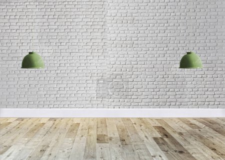 Foto de Diseño interior vacío con suelo de madera y pared de piedra decorativa. Ilustración 3D - Imagen libre de derechos