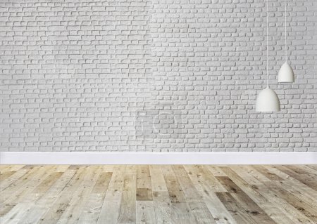 Photo for Empty interior design with wooden floor and decorative stone wall. 3D illustration - Royalty Free Image