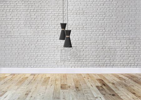 Téléchargez les photos : Design intérieur vide avec plancher en bois et mur décoratif en pierre. Illustration 3D - en image libre de droit