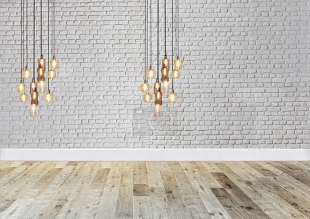 Téléchargez les photos : Mur de briques blanches design intérieur lampe moderne pour la maison, bureau, hôtel et chambre à coucher. Illustration 3D - en image libre de droit