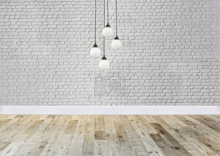 Téléchargez les photos : Mur de briques blanches design intérieur lampe moderne pour la maison, bureau, hôtel et chambre à coucher. Illustration 3D - en image libre de droit