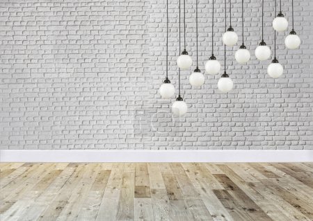 Photo for White brick stone wall interior design modern lamp for home, office, hotel and bedroom. 3D illustration - Royalty Free Image