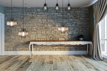 Téléchargez les photos : Design intérieur vide lumineux, mur décoratif en pierre. Illustration 3D - en image libre de droit