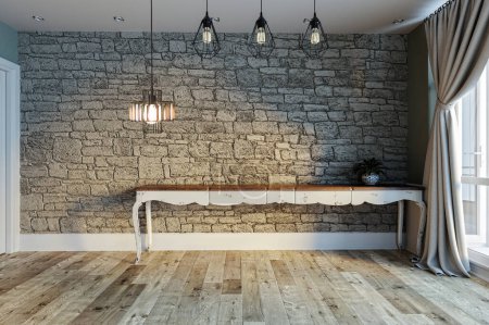 Foto de Diseño interior vacío brillante, pared de piedra decorativa. Ilustración 3D - Imagen libre de derechos