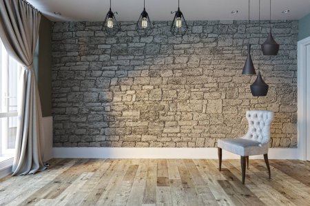 Téléchargez les photos : Salon vide décoration intérieure lampe moderne et plancher en bois, concept de mur en pierre. fond décoratif pour la maison, bureau, hôtel. Illustration 3D - en image libre de droit