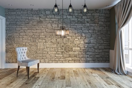 Photo for Empty living room interior decoration modern lamp and wooden floor, stone wall concept. decorative background for home, office, hotel. 3D illustration - Royalty Free Image