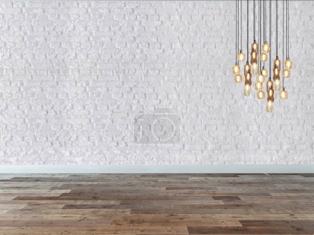 Foto de Nueva sala de estar vacía decoración interior piso de madera, concepto de pared de piedra. fondo decorativo para el hogar, oficina y hotel. Ilustración 3D - Imagen libre de derechos