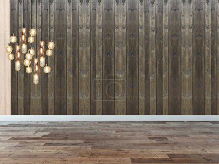 Téléchargez les photos : Nouveau salon vide décoration intérieure plancher de bois, concept de mur de pierre. fond décoratif pour la maison, le bureau et l'hôtel. Illustration 3D - en image libre de droit