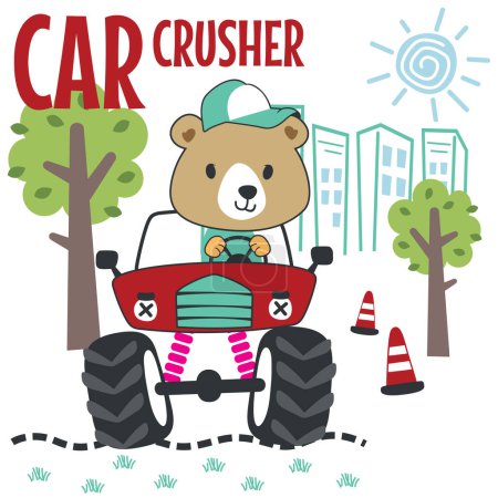 Illustration for Vector illustration of monster truck with little bear driver. Can be used for t-shirt print, kids wear fashion design, invitation card. fabric, textile, nursery wallpaper and other decoration. - Royalty Free Image