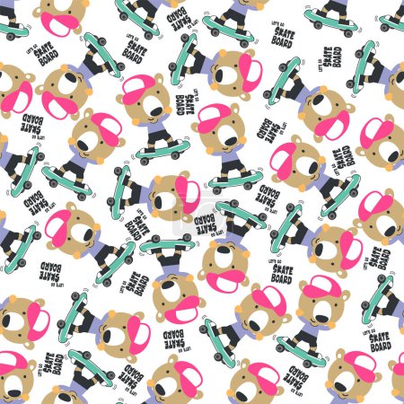 Téléchargez les illustrations : Seamless pattern with cute little bear on skate board, For fabric textile, nursery, baby clothes, background, textile, wrapping paper and other decoration. - en licence libre de droit