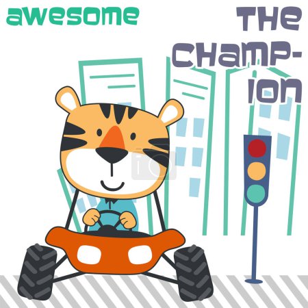 Téléchargez les illustrations : Vector illustration of cute little tiger on a off road car go to forest, Can be used for t-shirt print, kids wear, invitation card. fabric, textile, nursery wallpaper, poster and other decoration. - en licence libre de droit