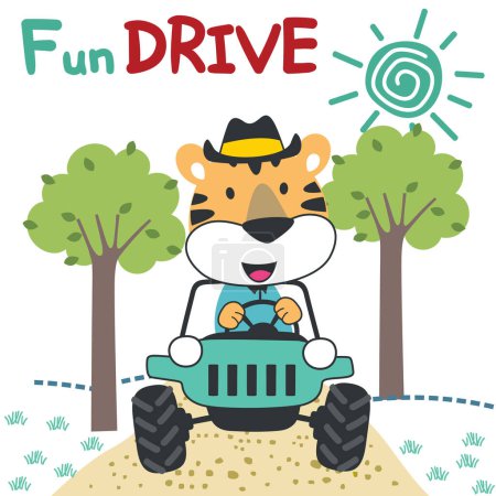 Illustration for Vector illustration of cute little tiger on a off road car go to forest, Can be used for t-shirt print, kids wear, invitation card. fabric, textile, nursery wallpaper, poster and other decoration. - Royalty Free Image