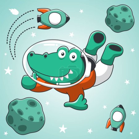 Funny crocodile in space. Vector hand-drawn color children's illustration background for fabric, textile, nursery wallpaper, poster, card, brochure. and other decoration.