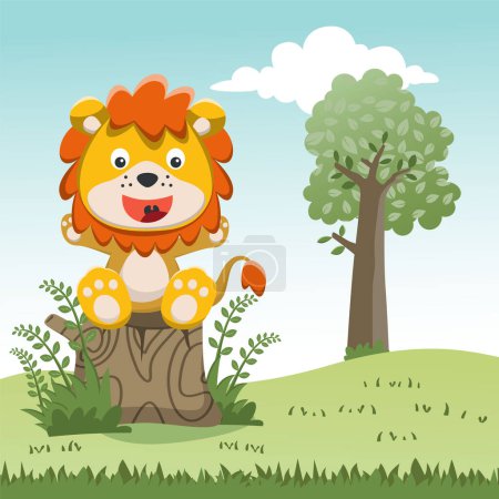 Téléchargez les illustrations : Illustration of funny lion sit on tree trunk reading a book. Creative vector childish background for fabric, textile, nursery wallpaper, poster, card, brochure. and other decoration. - en licence libre de droit