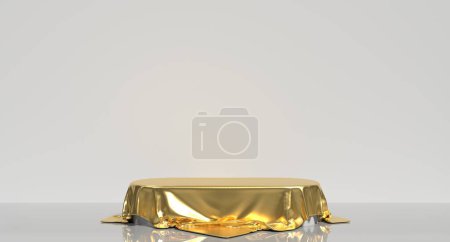Goldpodest auf luxuriösem Satin. Sockel oder Platz für ein mit Seide überzogenes Produkt. Podium bedeckt Gold Seide Stoff. 3D-Rendering