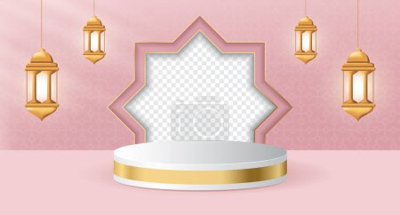 3d product display podium themed islamic with lantern for ramadan. Islamic 3d display podium decoration with realistic lantern. Social media post with empty space for photo. Vector illustration