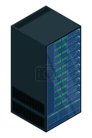 Isometric server. Network server room. Server in cabinets. Storage database. Isometric technology. Vector illustration