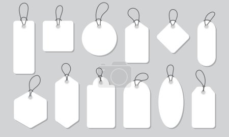 Leere weiße Papierpreisschilder oder Geschenkanhänger in verschiedenen Formen. Preisschild-Sammlung. Etikettenset aus Papier. Set von Etiketten und Etiketten. Vektorillustration