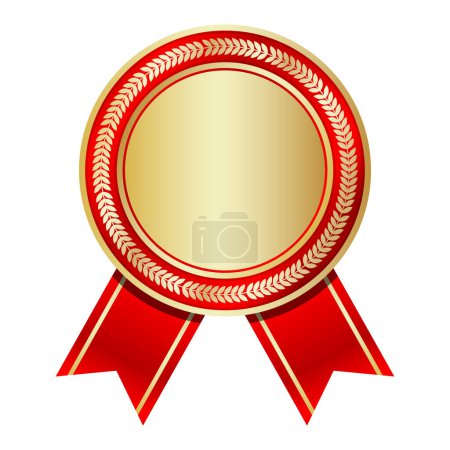 Illustration for Golden medal with red ribbon. Gold badge with red ribbon. Blank gold medal. Champion and winner awards sports medal. Vector illustration - Royalty Free Image