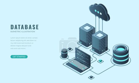 Database connection landing page concept. Server room isometric icon. Digital technology website landing page. Vector illustration