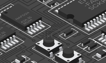Illustration for Isometric electronic board. Isometric printed circuit board with electronic components. Electronic components and integrated circuit board - Royalty Free Image