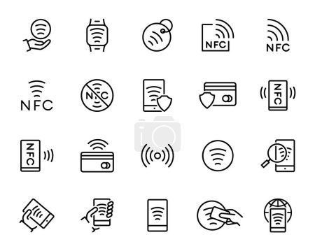 NFC icons set. Wireless pay, NFC technology, contactless payment and more. Isolated on white background.